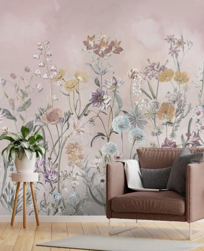 papier peint mural rose personnalisable de primevères en croissance par Marina Stupakova pour les chambres