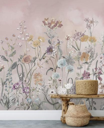pink customizable growing primulas wallpaper mural by Marina Stupakova for bedrooms