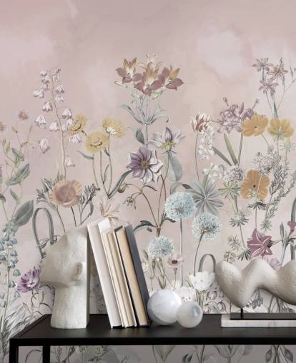 pink customisable growing primulas wallpaper mural by Marina Stupakova for bedrooms