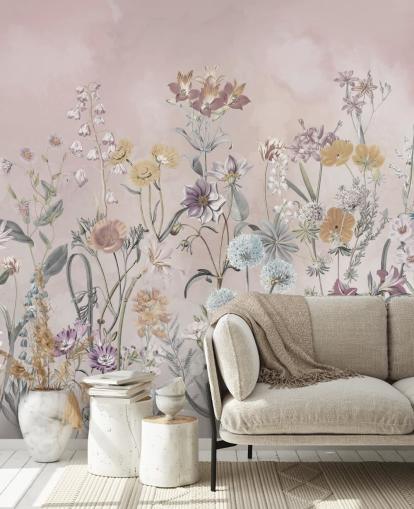 mural de papel de parede rosa personalizável de primulas em crescimento de Marina Stupakova para quartos mural de papel de parede rosa personalizável de primulas em crescimento de Marina Stupakova para quartos