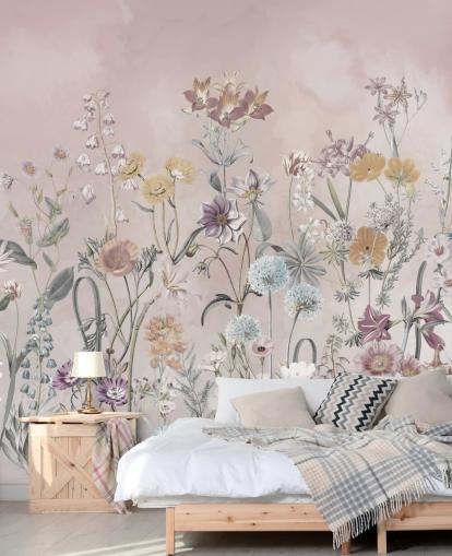 papier peint mural rose personnalisable de primevères en croissance par Marina Stupakova pour les chambres