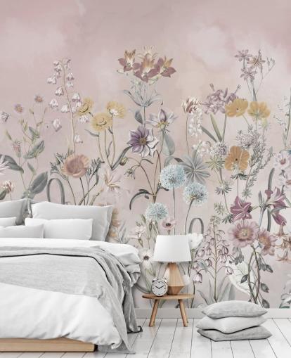 roze aanpasbare groeiende primula's behangmuurschildering van Marina Stupakova voor slaapkamers