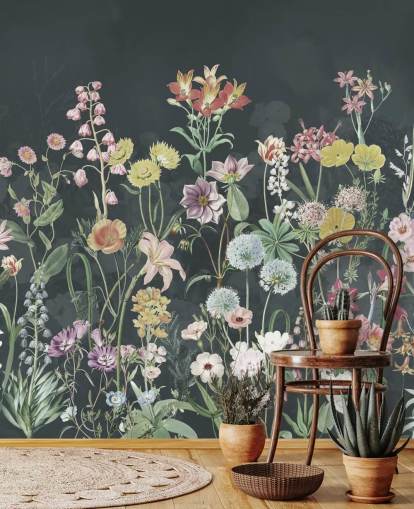 mural de papel pintado de primulas con fondo oscuro