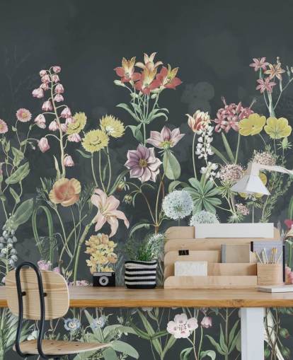 mural de papel de parede primulas com fundo escuro
