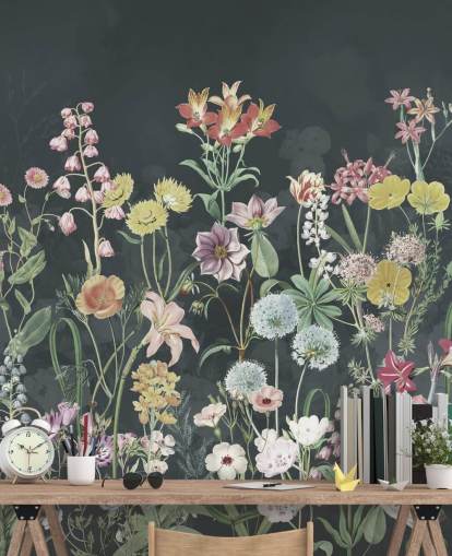 primulas wallpaper mural with dark background