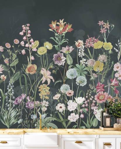 primulas wallpaper mural with dark background