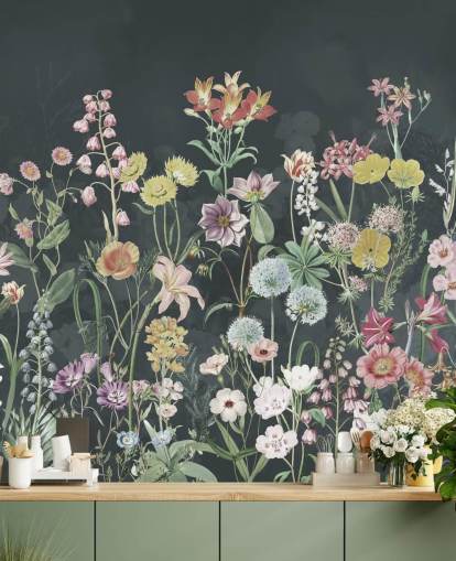 primulas wallpaper mural with dark background