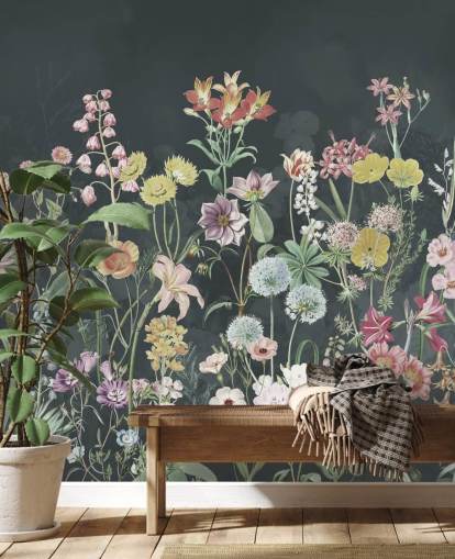 primulas wallpaper mural with dark background