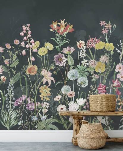 primulas wallpaper mural with dark background