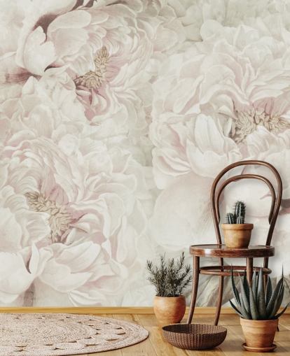gran mural de pared floral con peonías rosas ruborizadas de Marina Stupakova para dormitorios