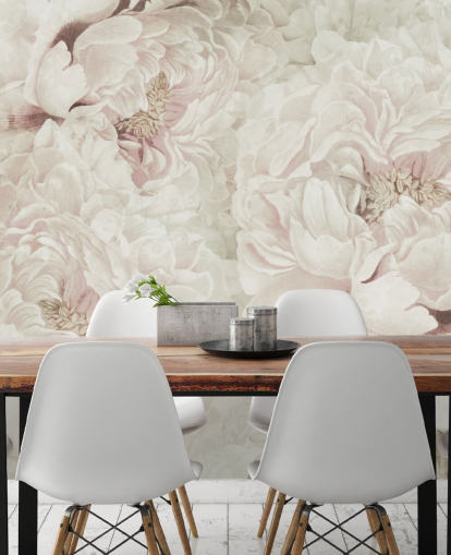 gran mural de pared floral con peonías rosas ruborizadas de Marina Stupakova para dormitorios