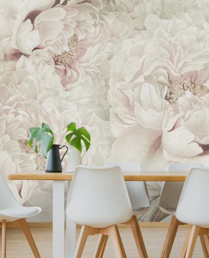 grote bloemenmuurschildering met blozende roze pioenrozen van Marina Stupakova voor slaapkamers