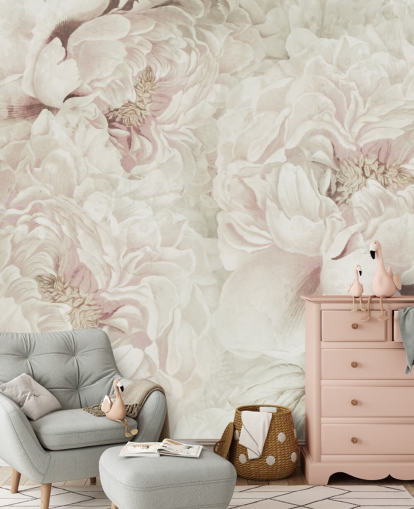large floral wall mural with blush pink peonies by Marina Stupakova for bedrooms