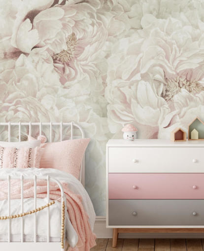 gran mural de pared floral con peonías rosas ruborizadas de Marina Stupakova para dormitorios