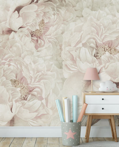 grande fresque murale florale avec des pivoines roses blush de Marina Stupakova pour les chambres