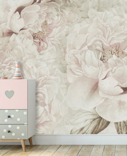 large floral wall mural with blush pink peonies by Marina Stupakova for bedrooms large floral wall mural with blush pink peonies by Marina Stupakova for bedrooms