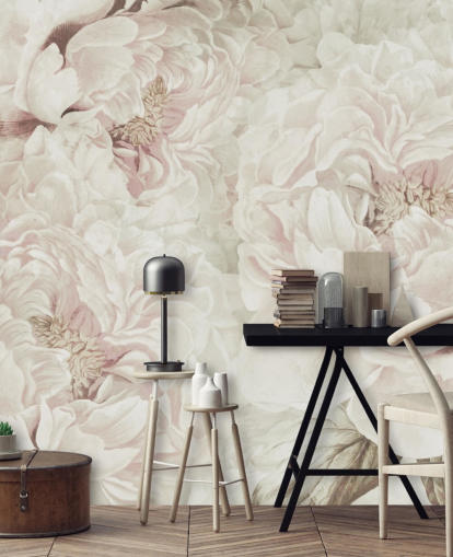 large floral wall mural with blush pink peonies by Marina Stupakova for bedrooms