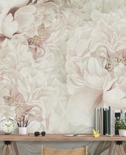 gran mural de pared floral con peonías rosas ruborizadas de Marina Stupakova para dormitorios