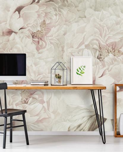grande fresque murale florale avec des pivoines roses blush de Marina Stupakova pour les chambres
