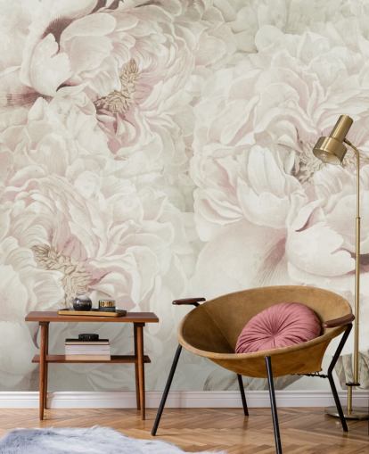 grote bloemenmuurschildering met blozende roze pioenrozen van Marina Stupakova voor slaapkamers