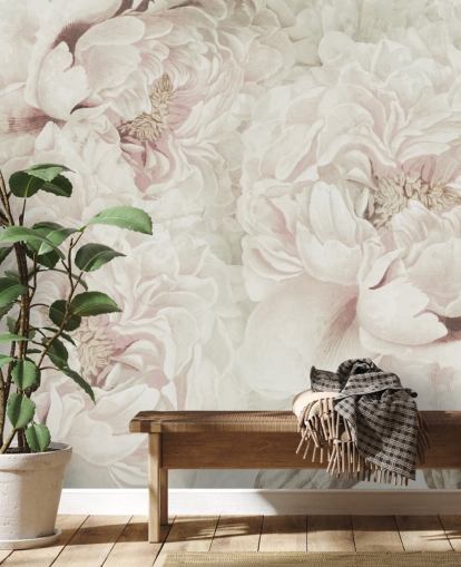 large floral wall mural with blush pink peonies by Marina Stupakova for bedrooms