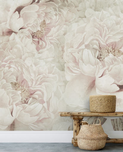large floral wall mural with blush pink peonies by Marina Stupakova for bedrooms
