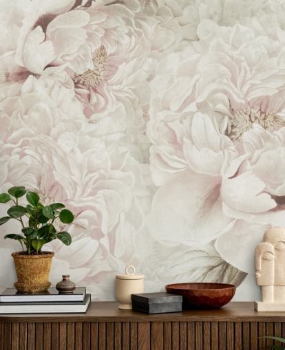 large floral wall mural with blush pink peonies by Marina Stupakova for bedrooms