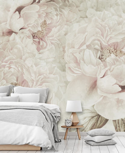 gran mural de pared floral con peonías rosas ruborizadas de Marina Stupakova para dormitorios