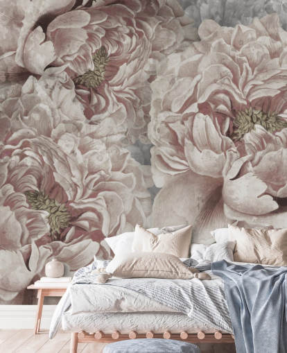 papel pintado de peonías grandes de color rosa rubor de Marina Stupakova para dormitorios