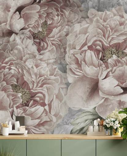 carta da parati rosa cipria con grandi peonie di Marina Stupakova per camere da letto