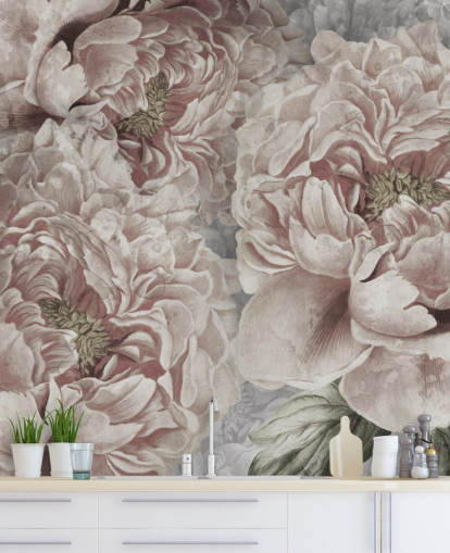 rosafarbene große Pfingstrosen-Tapete von Marina Stupakova für Schlafzimmer