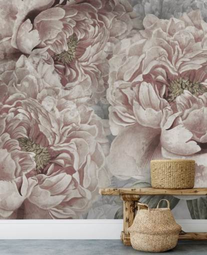 papier peint de grandes pivoines rose poudré de Marina Stupakova pour les chambres