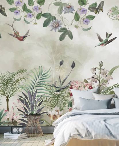 customisable tropical floral and bird wall mural by Marina Stupakova