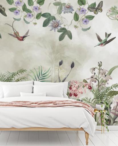 mural de pared personalizable de flores y pájaros tropicales de Marina Stupakova