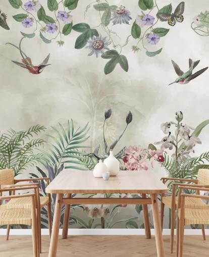 fresque murale personnalisable de fleurs tropicales et d'oiseaux par Marina Stupakova