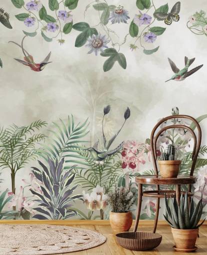 aanpasbare tropische bloemen- en vogelmuurschildering van Marina Stupakova