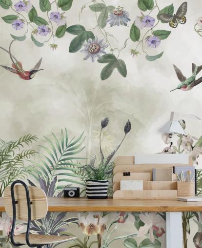 mural de parede de flores e pássaros tropicais personalizável de Marina Stupakova