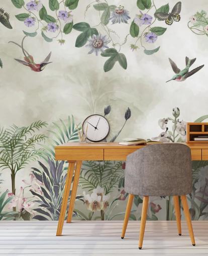 tilpassbar tropisk blomster- og fugleveggmaleri av Marina Stupakova