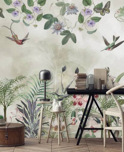 mural de pared personalizable de flores y pájaros tropicales de Marina Stupakova
