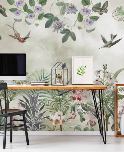 customizable tropical floral and bird wall mural by Marina Stupakova