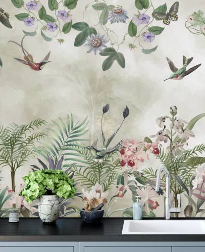 mural de pared personalizable de flores y pájaros tropicales de Marina Stupakova