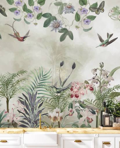 customisable tropical floral and bird wall mural by Marina Stupakova