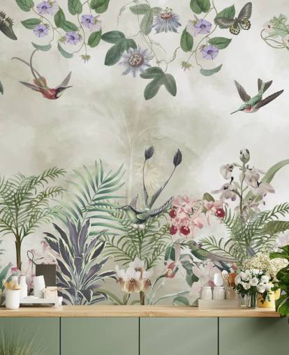aanpasbare tropische bloemen- en vogelmuurschildering van Marina Stupakova