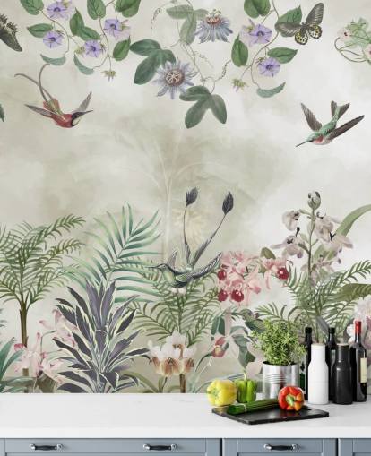 aanpasbare tropische bloemen- en vogelmuurschildering van Marina Stupakova aanpasbare tropische bloemen- en vogelmuurschildering van Marina Stupakova