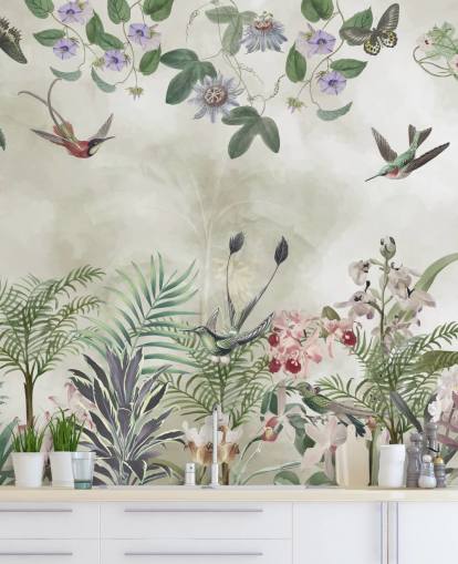 fresque murale personnalisable de fleurs tropicales et d'oiseaux par Marina Stupakova