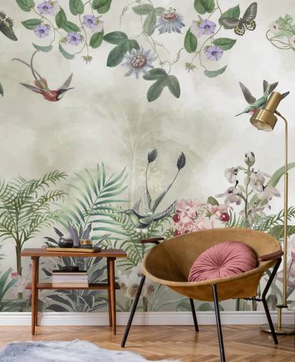 fresque murale personnalisable de fleurs tropicales et d'oiseaux par Marina Stupakova