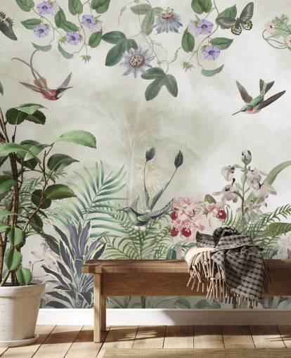 mural de pared personalizable de flores y pájaros tropicales de Marina Stupakova