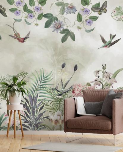 customisable tropical floral and bird wall mural by Marina Stupakova customisable tropical floral and bird wall mural by Marina Stupakova