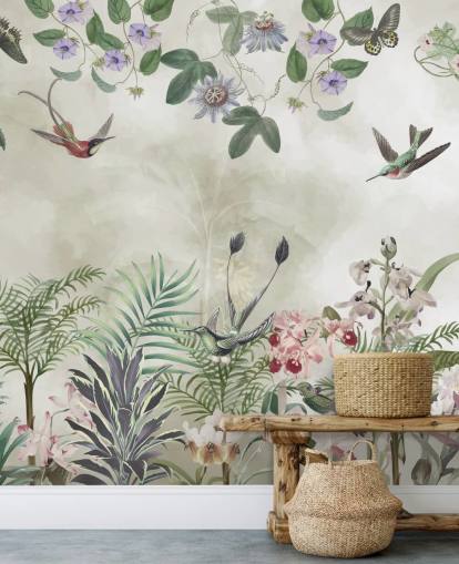 customisable tropical floral and bird wall mural by Marina Stupakova