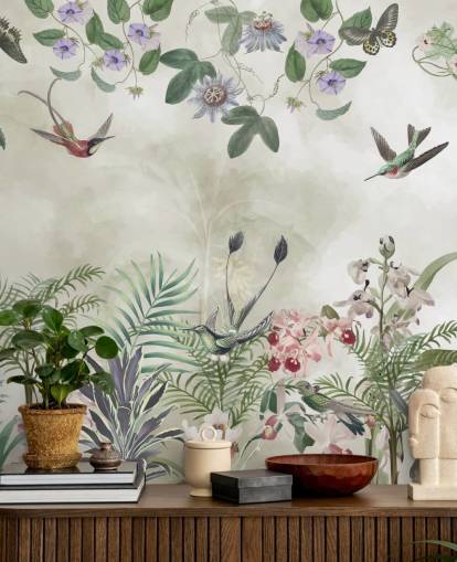 customisable tropical floral and bird wall mural by Marina Stupakova